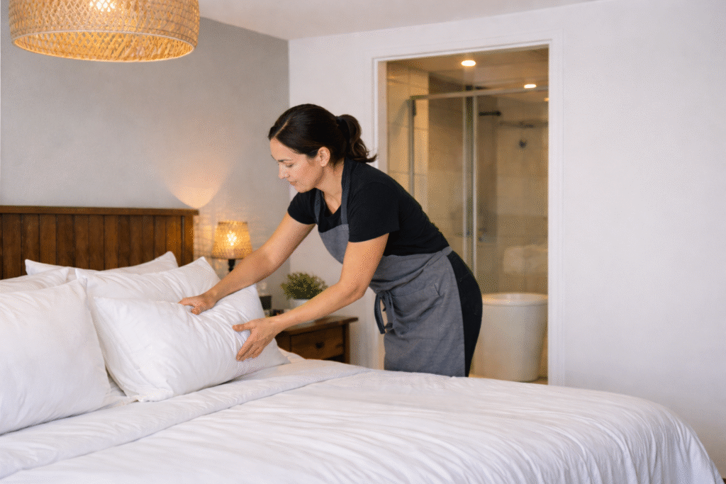 Professional Airbnb cleaner preparing a short-term rental apartment in Toronto